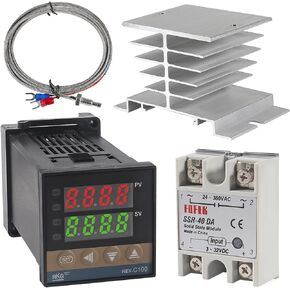 UMLIFE PID جهاز التحكم في درجة الحرارة REX-C100 REX C100 مجموعة ترموستات الجهد العالي 100ACV إلى 240ACV + SSR Relay SSR-25DA + K مسبار الخيط الحراري ومشتت الحرارة الأبيض