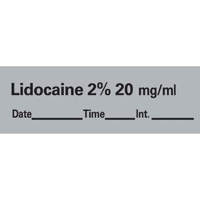 PDC Healthcare AN-11D20 "Lidocaine 2% 20 mg/mL" Removable Anesthesia Tape with Date, Time and Initial, 1" Core, 1/2" Width, 500" Length, Gray