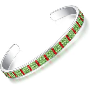 LANFUNI Christmas Bracelet, Silver Plated Red and Green Cuff Bracelet, Sparkly Crystal Bracelet For Women Fashion Jewelry