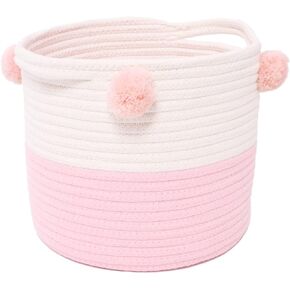 Small Woven Basket With Handles Pom Pom, 9.8 x 9.8 x 7.8 inch Pink-White Round Basket Cute Cotton Rope Decorative Empty Gift Basket for Baby Shower, Easter, Valentine's Day