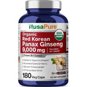 NusaPure Red Korean Panax Ginseng 9,000mg 180 Veggie Caps (USDA Organic, Non-GMO, Extract 20:1)