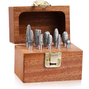 TiERGS Tungsten Carbide Burr Set 1/4" Shank 10Pcs Die Grinder Bits Rotary Cutting Burrs Double Cut for Metal Steel Wood Weld Concrete Deburring Finishing Carving (1/4"Shank 10PC)