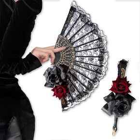 Halloween Black Hand Fan Lace Rose Handheld, Vintage Retro Flower Spanish Large Folding Fan for Women Spanish Lace Dancing Gift European Style for Wedding Party Show Cosplay Photo Props Decorations