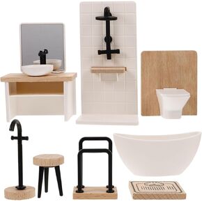 Toyvian 8pcs Dollhouse Bathroom Set: 1 12 Scale Dollhouse Toilet Bathtub Basin Wooden Bathroom Cabinet with Sink Miniature Furniture for Doll Bathroom Accessories
