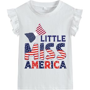 Little Hand Girls 4th of July Shirt Toddler American Flag Shirts USA Flag Tee Kids Patriotic Ruffle Sleeve T-Shirt 2-7 Years
