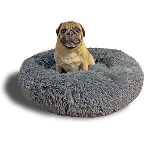 Calming Pet Bed - Round Fluppy Washable Large Bed for Dogs - Non-Slip Bottom, Faux Fur Cat Bed, Grey
