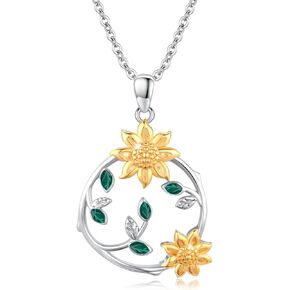 YueYuan Sunflower Necklace Gifts for Women 925 Sterling Silver Gold Sunflower Pendant Green Leaf Necklace Flower Jewelry