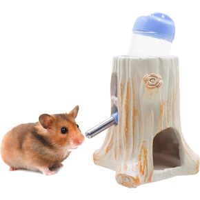 Hamster Water Bottle, Adjustable Resin Stump Water Stand Holder with 80 ML Water Bottle, Small Animal Cage Accessories and Decoration, Suitable for Hamsters Rats