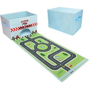 Livememory Toy Cars Garage Box - Car Toys Storage Box with Speed Roads, 2 in 1 Collapsible Toy Car Storage (Not Included Cars)-Sky Blue