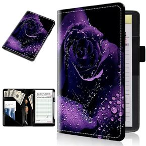 Server Books for Waitress Leather Waitress Book Server with Zipper Money Pocket Cute Purple Rose Pattern Design Serving Book Guest Check Book Holder Fits Server Apron