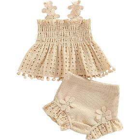 Newborn Baby Girls Summer Outfit Hallow Out Pleated Tank Tops and High Waisted Shorts Set 2 Piece Summer Clothes