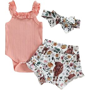 Newborn Baby Girls Clothes Sets Waffle Floral Print Sleeveless Bodysuits+Ruffles Drawstring Summer Shorts+Headband