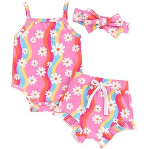 mlpeerw Baby Girl Summer Clothes Sleeveless Romper Floral Onesie +Bloomer Shorts+Headband 3 Piece Shorts Set Newborn Outfit