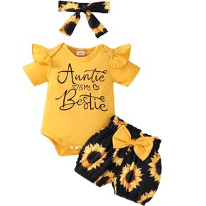 Baby Girl Summer Outfits Letter Print Short Sleeve Rompers Sunflower Print Ruffles Shorts Headband 3Pcs Clothes Set