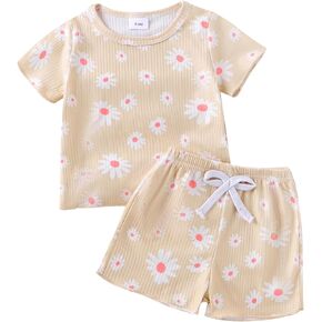 Toddler Baby Girl Clothes Floral Print Summer Outfit Short Sleeve T Shirt Tops and Elastic Waist Shorts Set