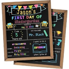 First & Last Day of School Chalk Board,10 x 12‘’ Double Sided Back to School Sign, Reusable Wooden 1st Day School Chalkboard of Preschool/Kindergarten/First Grade Photo Props for Kids (Bunting Style)