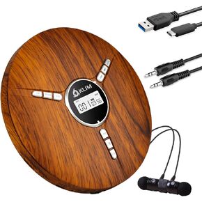 KLIM Discman Portable CD Player with Headphones, Built-in Battery - 2023 Version - CD Players for Home, Car - Compatible w/SD Card, CD, CD-R, CD-RW, MP3, WMA - 5 EQ Effects - Walkman CD Player - Wood