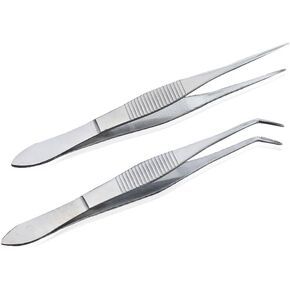 2Pcs Professional Stainless Steel Dental Forceps Tweezers Straight and Curved Tip Precision Eyebrow and Splinter Removal Tweezers
