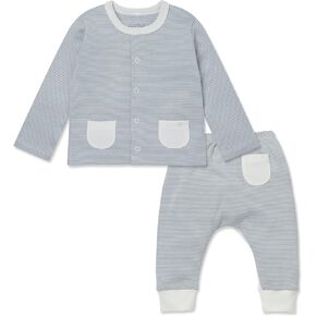 MORI Baby Yoga Pants & Cardigan Set in Blue Stripe - Comfort Unisex Trousers with Pockets and Easy Snap Closure - Newborn