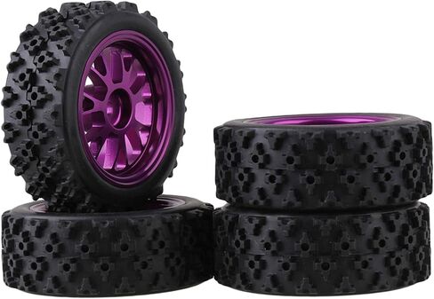Mxfans Black Flower Pattern Rubber Tyres + Purple Y-Shape Aluminum Alloy Wheel Rims for RC 1:10 On-Road Racing Car Pack of 4 in Kuwait