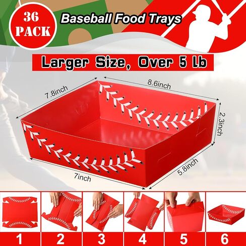 Teling 36 Pcs Baseball Theme Party Supplies 5 lb Baseball Plates Food Trays Nacho Boats Large Paper Food Boats Nacho Trays Disposable Serving Snack Tray for Sport Birthday Decorations Favors (Red) in Saudi Arabia