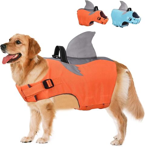 PETUFEY Adjustable Dog Life Jacket Dog Swimming Suit Ripstop Shark Dog Safety Vest Dog Preserver with Durable Rescue Handle for Small,Medium,Large Dogs (M, Orange) in Saudi Arabia