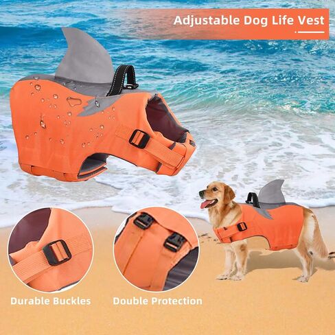PETUFEY Adjustable Dog Life Jacket Dog Swimming Suit Ripstop Shark Dog Safety Vest Dog Preserver with Durable Rescue Handle for Small,Medium,Large Dogs (M, Orange) in Saudi Arabia