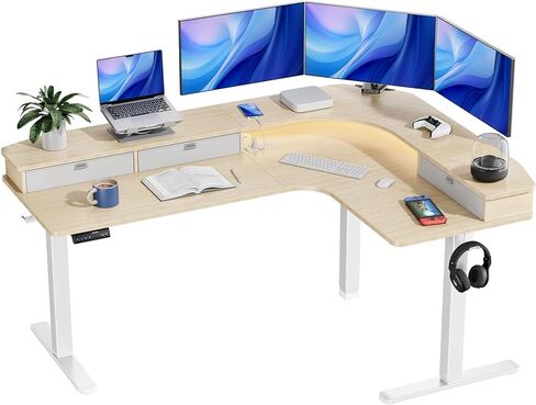 HUANUO 65″ L-Shaped Standing Desk with Power Outlets & LED Strip, Support C-Clamp Mount, Electric Height Adjustable Corner Computer Desk with 3 Drawers, Sit Stand Up Desk with Large Power Strip Holder in Saudi Arabia