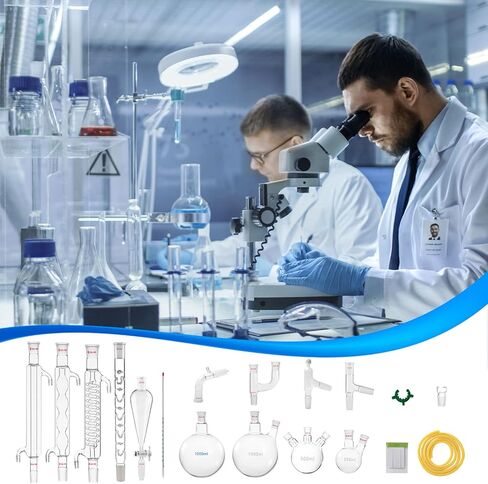مجموعة الأواني الزجاجية للكيمياء، مجموعة أدوات زجاجية للمختبرات 32 قطعة، جهاز تقطير مختبري 24/40 in Kuwait