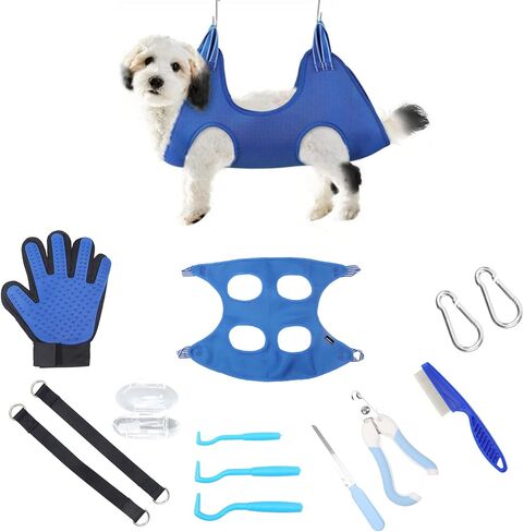 VECCRAM Dog Grooming Hammock - Dog Grooming Harness, Cat and Dog Hammock for Nail Trim Including Comb, Nail Filer, Toothbrush, Tick Remover, Glove - Pet Hammock for Grooming (Large) in Saudi Arabia