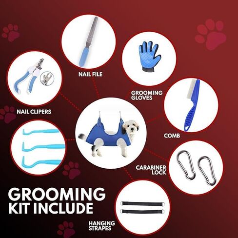 VECCRAM Dog Grooming Hammock - Dog Grooming Harness, Cat and Dog Hammock for Nail Trim Including Comb, Nail Filer, Toothbrush, Tick Remover, Glove - Pet Hammock for Grooming (Large) in Saudi Arabia