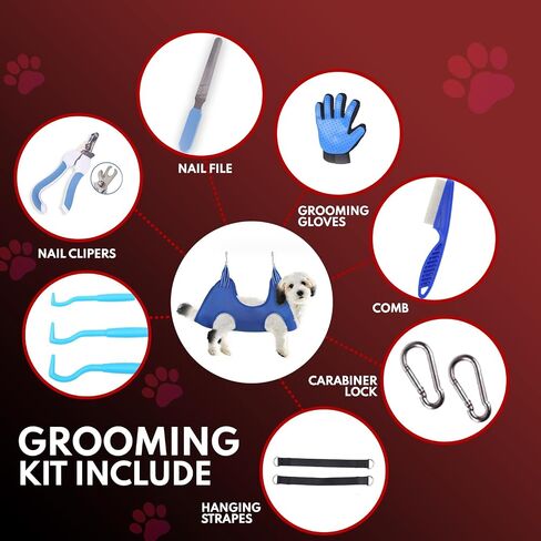 VECCRAM Dog Grooming Hammock - Dog Grooming Harness, Cat and Dog Hammock for Nail Trim Including Comb, Nail Filer, Toothbrush, Tick Remover, Glove - Pet Hammock for Grooming (Large) in Saudi Arabia