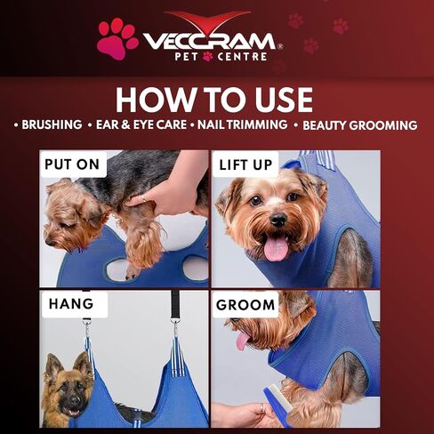 VECCRAM Dog Grooming Hammock - Dog Grooming Harness, Cat and Dog Hammock for Nail Trim Including Comb, Nail Filer, Toothbrush, Tick Remover, Glove - Pet Hammock for Grooming (Large) in Saudi Arabia