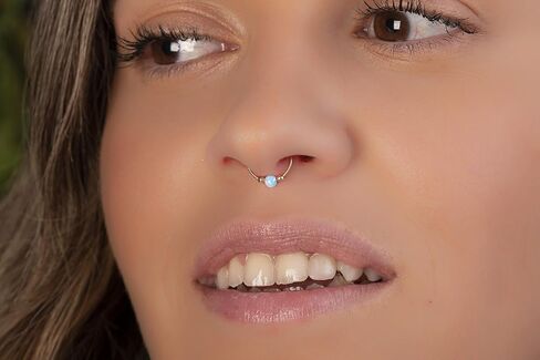 No Piercing Needed Septum Ring 20 Gauge - 14k Gold Filled Blue Opal Faux Septum Hoop - Adjustable Septum Jewelry in Saudi Arabia