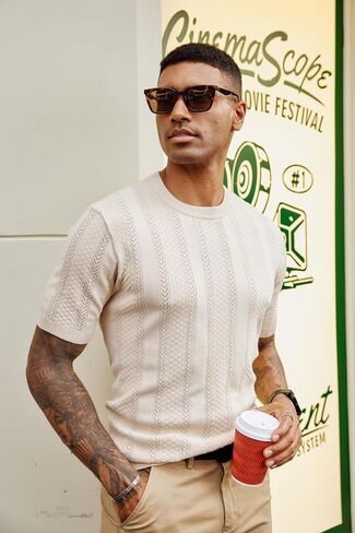 PJ PAUL JONES Men's T-Shirts Casual Knit Short Sleeve Crewneck Hollow Out Solid Knitted Pullover Tees in Saudi Arabia