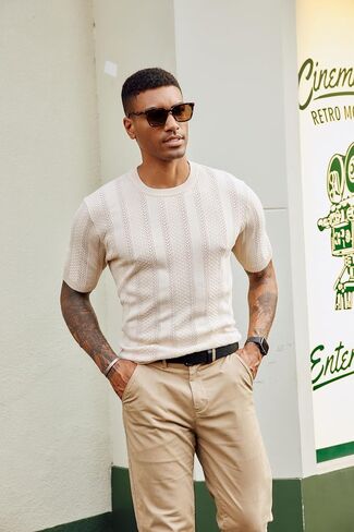PJ PAUL JONES Men's T-Shirts Casual Knit Short Sleeve Crewneck Hollow Out Solid Knitted Pullover Tees in Saudi Arabia