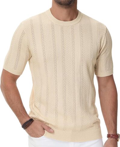 PJ PAUL JONES Men's T-Shirts Casual Knit Short Sleeve Crewneck Hollow Out Solid Knitted Pullover Tees in Saudi Arabia
