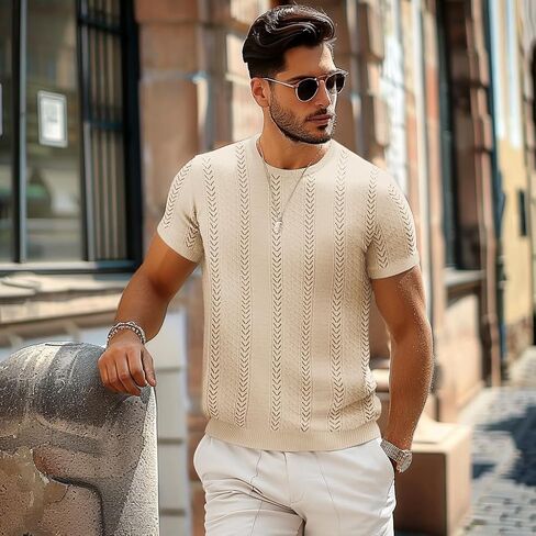 PJ PAUL JONES Men's T-Shirts Casual Knit Short Sleeve Crewneck Hollow Out Solid Knitted Pullover Tees in Saudi Arabia