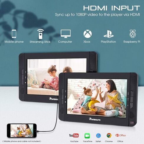 مشغل DVD محمول بشاشة 10.5 بوصة من NAVISKAUTO مزود بمدخل HDMI ودعامتي تثبيت ووقت تشغيل لمدة 5 ساعات وتشغيل نفس الفيلم أو فيلمين مختلفين (2 × مشغل DVD) in Saudi Arabia
