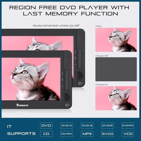 مشغل DVD محمول بشاشة 10.5 بوصة من NAVISKAUTO مزود بمدخل HDMI ودعامتي تثبيت ووقت تشغيل لمدة 5 ساعات وتشغيل نفس الفيلم أو فيلمين مختلفين (2 × مشغل DVD) in Saudi Arabia