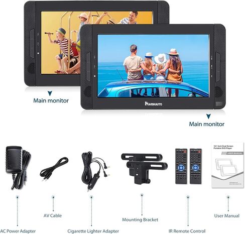 مشغل DVD محمول بشاشة 10.5 بوصة من NAVISKAUTO مزود بمدخل HDMI ودعامتي تثبيت ووقت تشغيل لمدة 5 ساعات وتشغيل نفس الفيلم أو فيلمين مختلفين (2 × مشغل DVD) in Saudi Arabia
