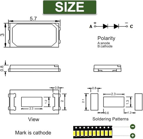 DAOKAI SMD LED الثنائيات 5730,6000K رقاقة الثنائيات الباعثة للضوء (5.7x3.0 مم DC 3V 150mA 0.5W 50-55LM) مكونات إلكترونية للإضاءة فائقة السطوع - 200 قطعة in Kuwait