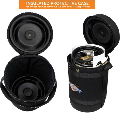 مجموعة أدوات نقل الغاز Flame King - حقيبة حمل واقية معزولة، خزان بروبان سعة 5 رطل وخرطوم محول للتخييم والمغامرات الخارجية، أسود/أبيض in Kuwait