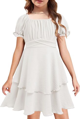 Arshiner Girls Dress Summer Off Shoulder Puff Sleeve Ruffle Tiered Layer Party Dresses in Saudi Arabia
