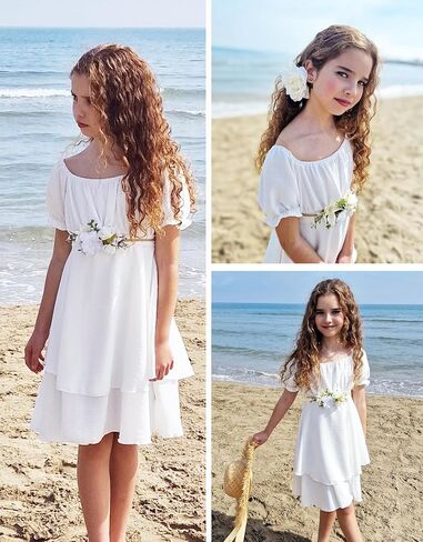 Arshiner Girls Dress Summer Off Shoulder Puff Sleeve Ruffle Tiered Layer Party Dresses in Saudi Arabia