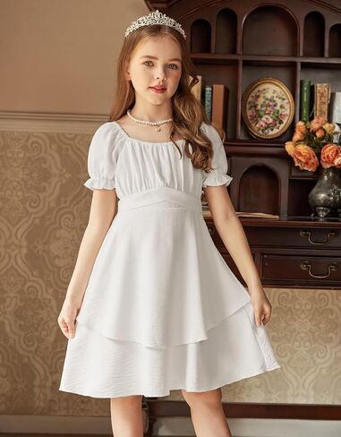 Arshiner Girls Dress Summer Off Shoulder Puff Sleeve Ruffle Tiered Layer Party Dresses in Saudi Arabia