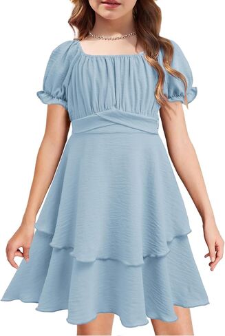Arshiner Girls Dress Summer Off Shoulder Puff Sleeve Ruffle Tiered Layer Party Dresses in Saudi Arabia