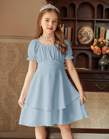 Arshiner Girls Dress Summer Off Shoulder Puff Sleeve Ruffle Tiered Layer Party Dresses in Saudi Arabia