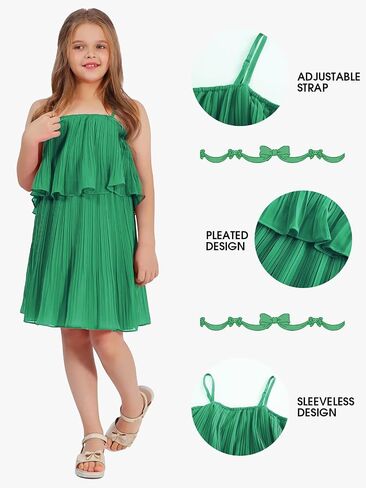 EXLURA Girls 2024 Summer Dress Spaghetti Strap Pleated Fashion Short Dresses in Saudi Arabia