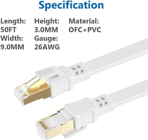 Cat 8 Ethernet Cable 50 ft High Speed Flat Internet Network RJ45 Cable Shielded 2000Mhz 40Gbps LAN Patch Cables Cords for Gaming, Xbox, PS5, PS4, PC, Router, Outdoor - Compatible for Cat7/Cat6a/Cat5e in Saudi Arabia